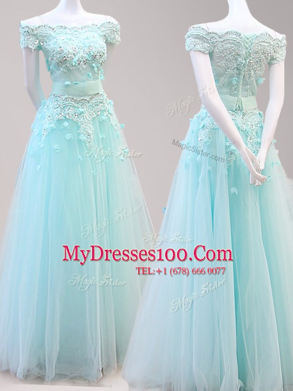 Off The Shoulder Cap Sleeves Zipper Prom Gown Light Blue Tulle