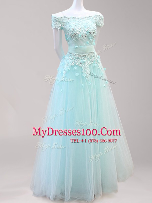 Off The Shoulder Cap Sleeves Zipper Prom Gown Light Blue Tulle