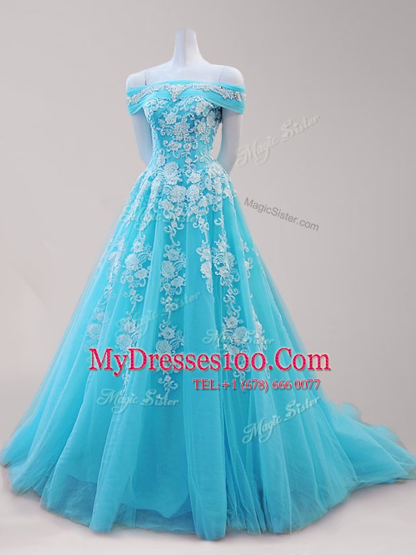 A-line Prom Evening Gown Aqua Blue Off The Shoulder Tulle Cap Sleeves Lace Up