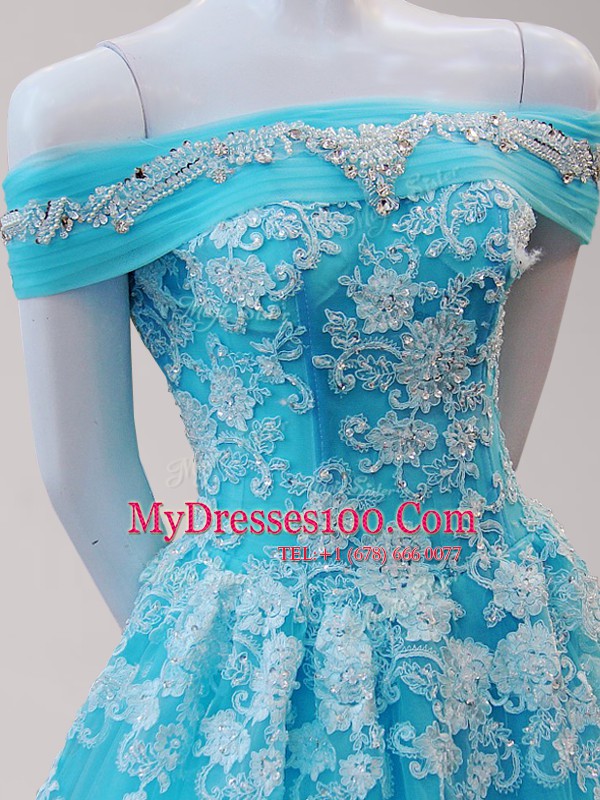 A-line Prom Evening Gown Aqua Blue Off The Shoulder Tulle Cap Sleeves Lace Up