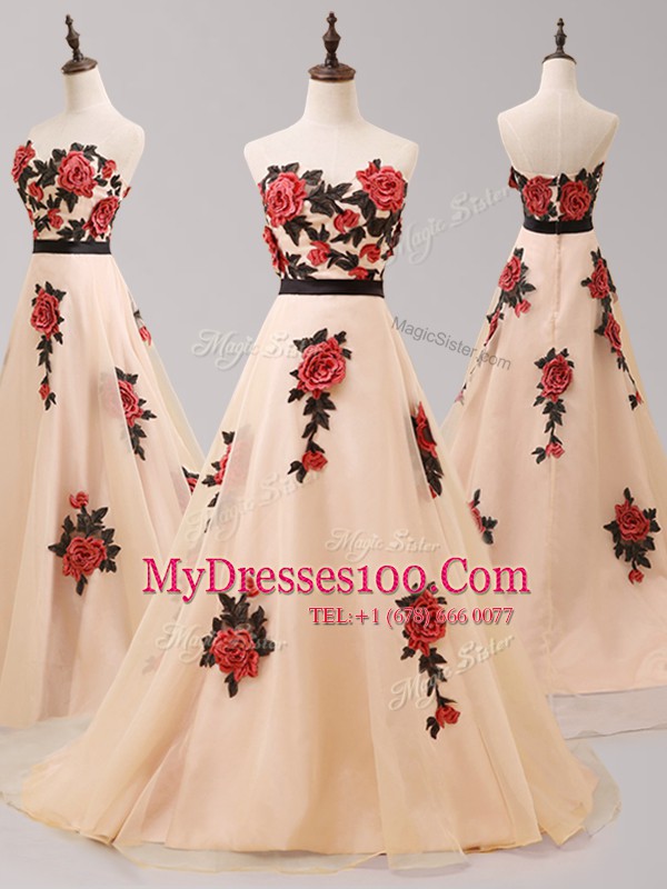 Suitable Sweetheart Sleeveless Tulle Prom Dresses Belt and Hand Made Flower Brush Train Zipper