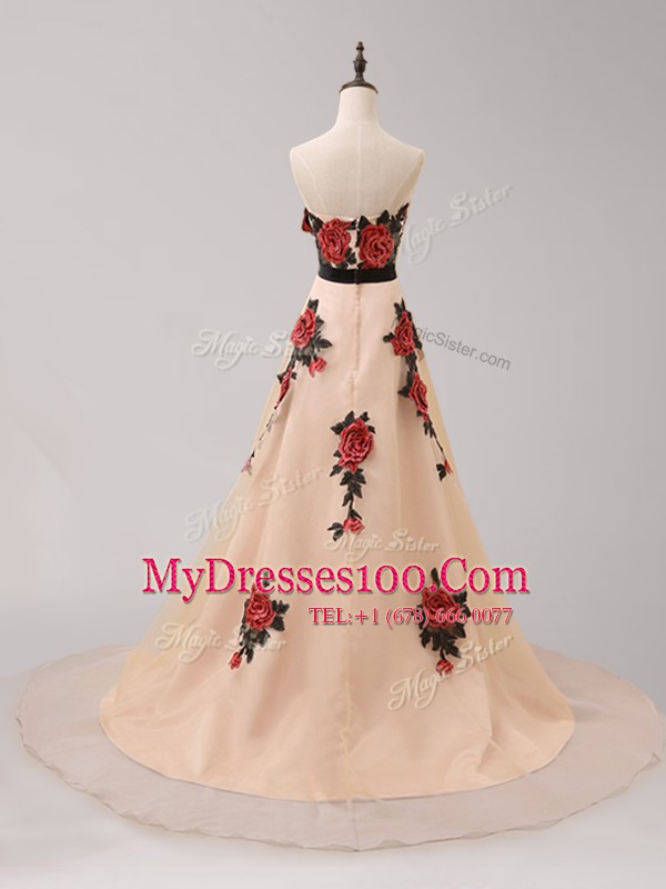 Suitable Sweetheart Sleeveless Tulle Prom Dresses Belt and Hand Made Flower Brush Train Zipper
