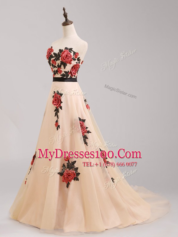 Suitable Sweetheart Sleeveless Tulle Prom Dresses Belt and Hand Made Flower Brush Train Zipper
