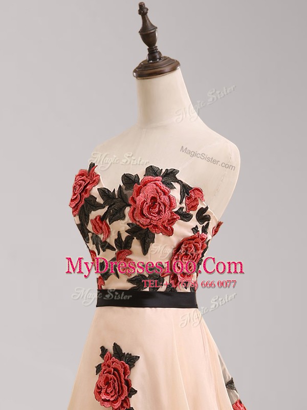 Suitable Sweetheart Sleeveless Tulle Prom Dresses Belt and Hand Made Flower Brush Train Zipper