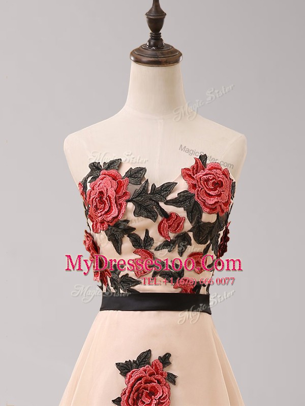 Suitable Sweetheart Sleeveless Tulle Prom Dresses Belt and Hand Made Flower Brush Train Zipper