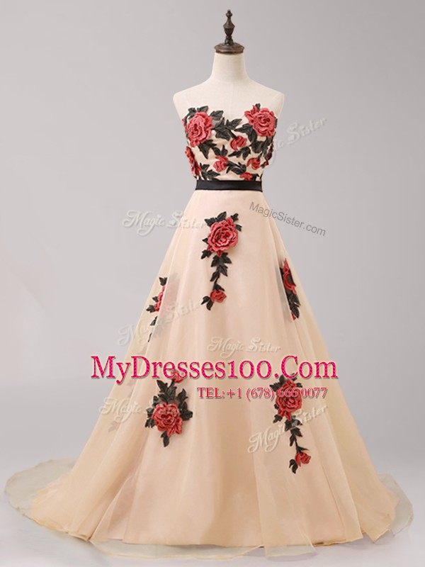 Suitable Sweetheart Sleeveless Tulle Prom Dresses Belt and Hand Made Flower Brush Train Zipper