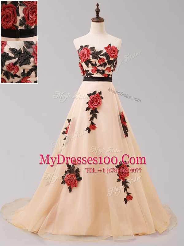Suitable Sweetheart Sleeveless Tulle Prom Dresses Belt and Hand Made Flower Brush Train Zipper