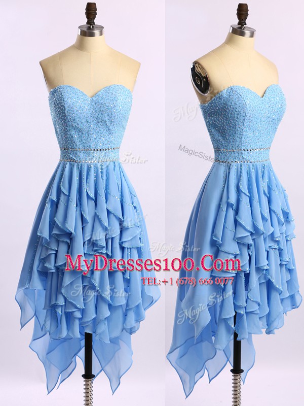Blue A-line Beading and Ruffles Evening Dress Zipper Chiffon Sleeveless Asymmetrical