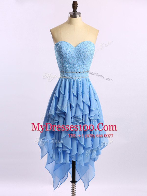 Blue A-line Beading and Ruffles Evening Dress Zipper Chiffon Sleeveless Asymmetrical