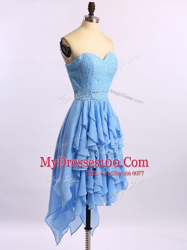 Blue A-line Beading and Ruffles Evening Dress Zipper Chiffon Sleeveless Asymmetrical