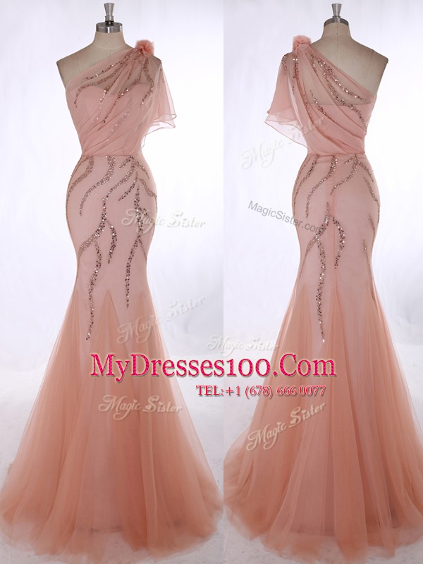 Brush Train Column/Sheath Evening Dress Peach One Shoulder Tulle Sleeveless Zipper