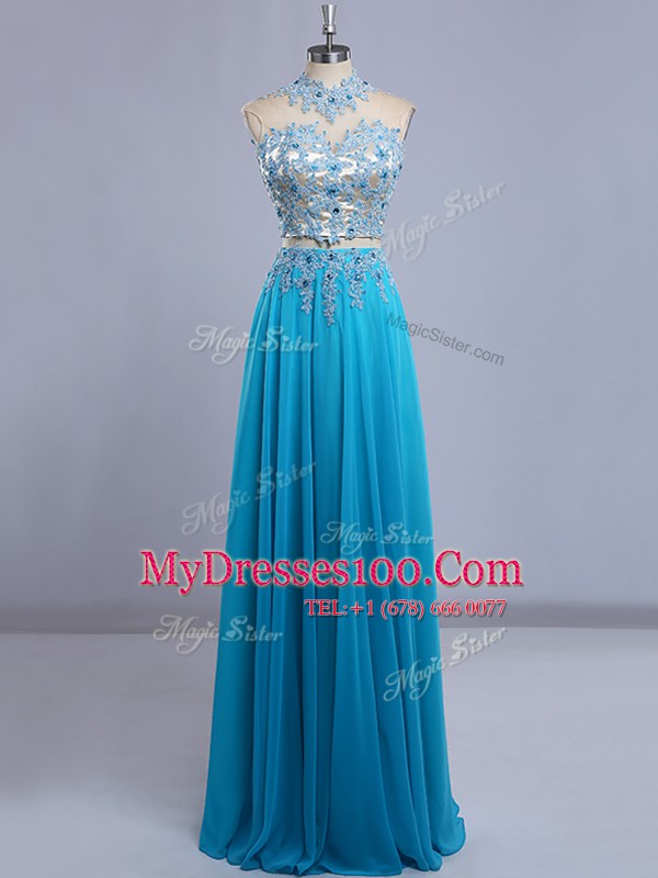 Baby Blue Backless High-neck Beading and Lace Formal Dresses Chiffon Cap Sleeves