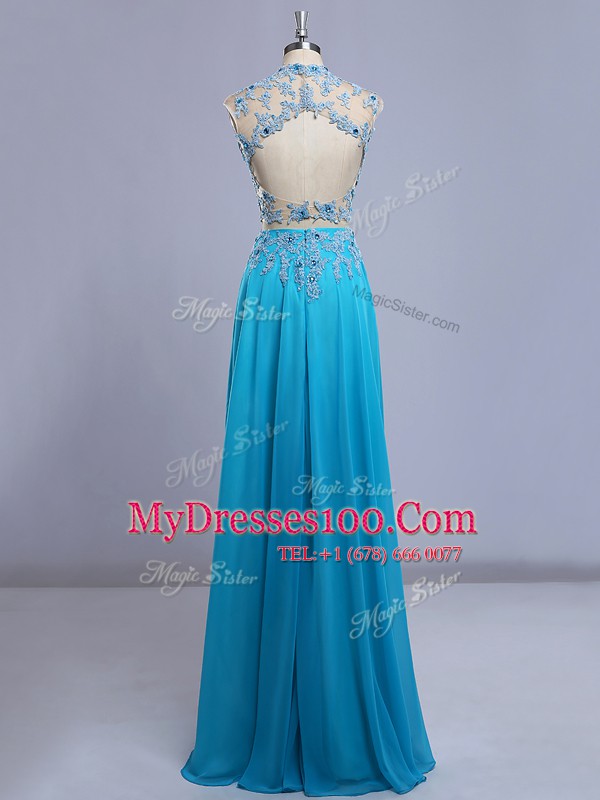 Baby Blue Backless High-neck Beading and Lace Formal Dresses Chiffon Cap Sleeves