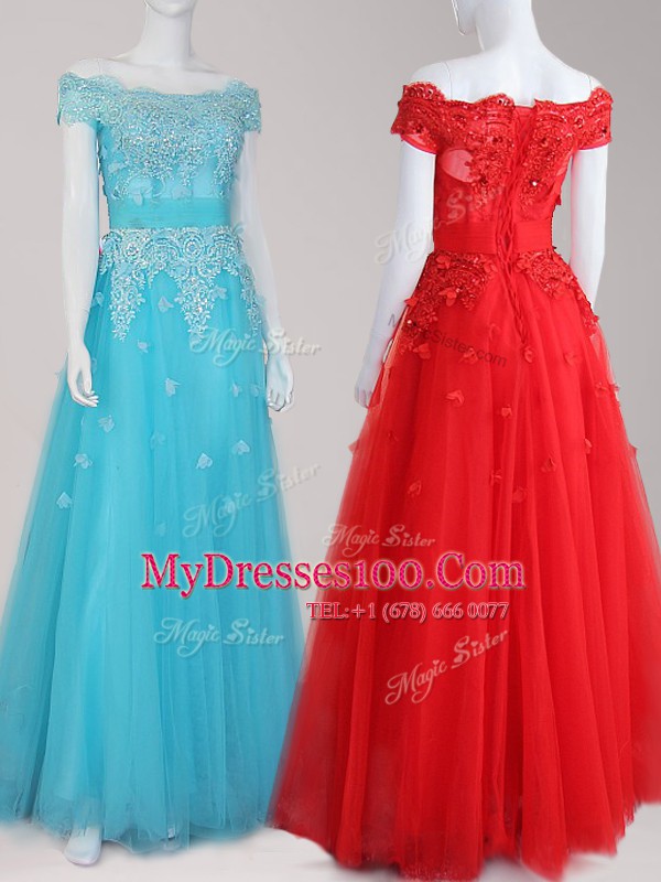Graceful Off the Shoulder Tulle Cap Sleeves Floor Length Prom Dresses and Beading and Appliques