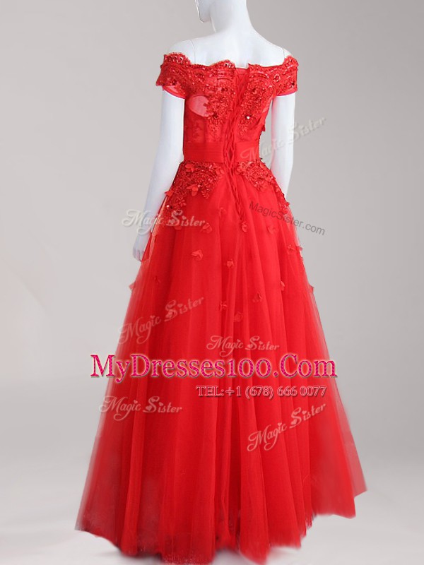 Graceful Off the Shoulder Tulle Cap Sleeves Floor Length Prom Dresses and Beading and Appliques