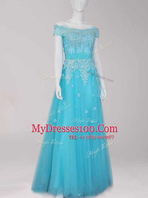 Graceful Off the Shoulder Tulle Cap Sleeves Floor Length Prom Dresses and Beading and Appliques