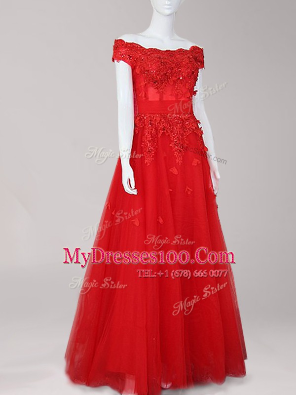 Graceful Off the Shoulder Tulle Cap Sleeves Floor Length Prom Dresses and Beading and Appliques