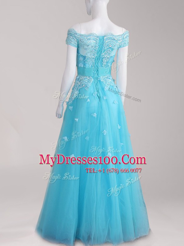 Graceful Off the Shoulder Tulle Cap Sleeves Floor Length Prom Dresses and Beading and Appliques