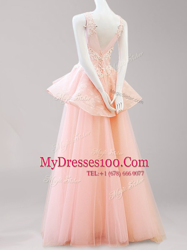 Elegant Scoop Backless Floor Length Peach Dress for Prom Tulle Sleeveless Appliques and Belt