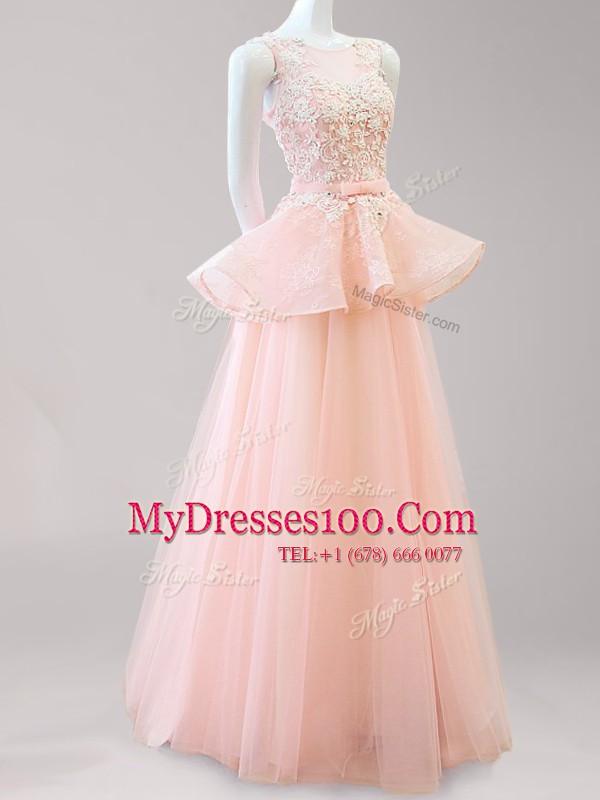 Elegant Scoop Backless Floor Length Peach Dress for Prom Tulle Sleeveless Appliques and Belt