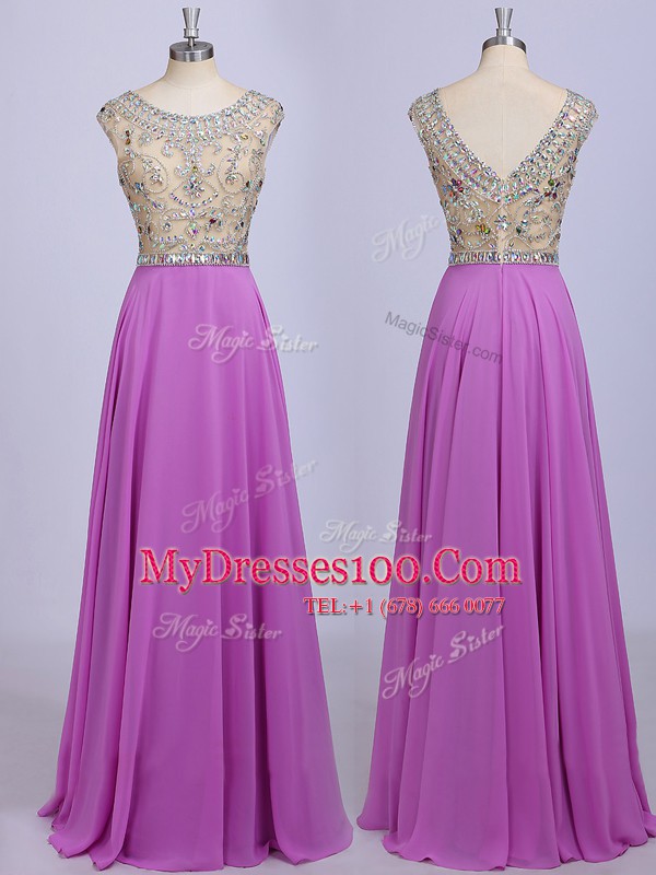 Deluxe Empire Prom Party Dress Lilac Scoop Chiffon Sleeveless Floor Length Zipper
