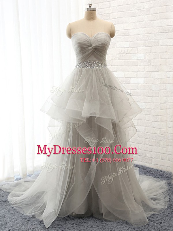 High End Sleeveless Tulle Court Train Lace Up Homecoming Dress in Grey with Beading and Ruffles