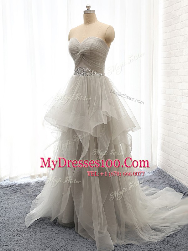 High End Sleeveless Tulle Court Train Lace Up Homecoming Dress in Grey with Beading and Ruffles
