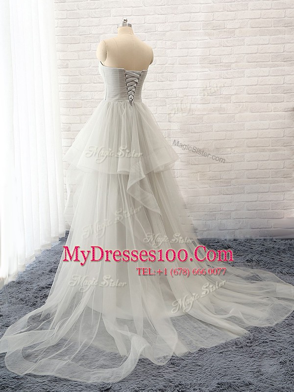 High End Sleeveless Tulle Court Train Lace Up Homecoming Dress in Grey with Beading and Ruffles