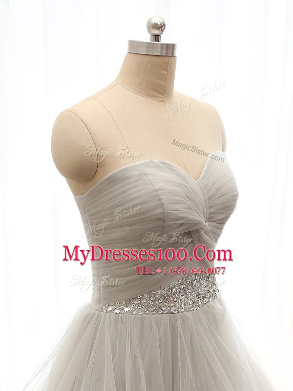 High End Sleeveless Tulle Court Train Lace Up Homecoming Dress in Grey with Beading and Ruffles