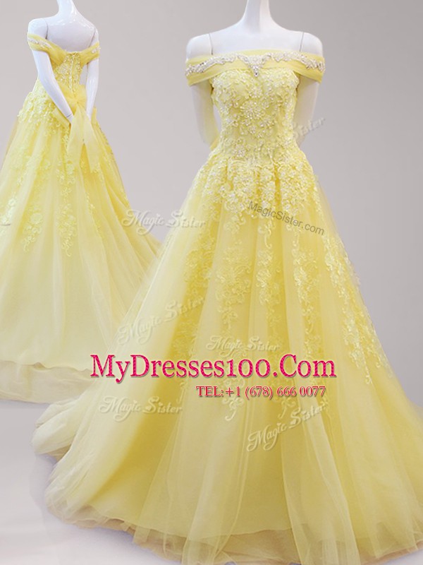 Yellow Lace Up Off The Shoulder Beading and Appliques Homecoming Dress Tulle Cap Sleeves