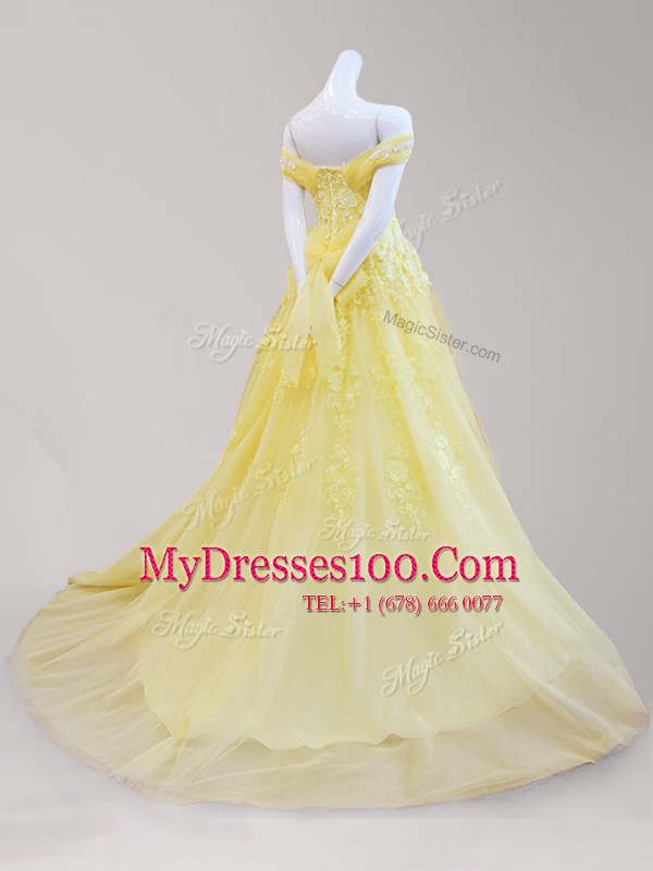 Yellow Lace Up Off The Shoulder Beading and Appliques Homecoming Dress Tulle Cap Sleeves