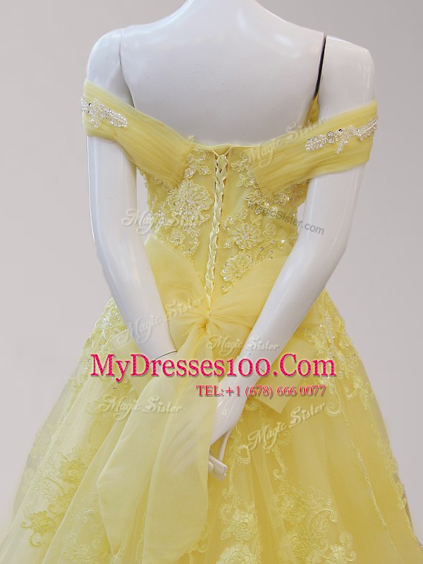 Yellow Lace Up Off The Shoulder Beading and Appliques Homecoming Dress Tulle Cap Sleeves