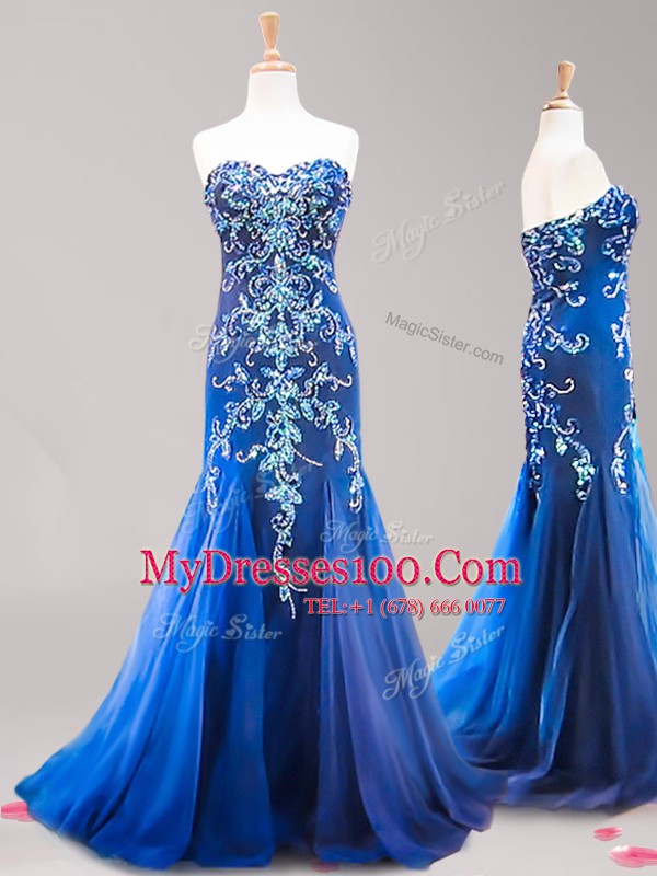 Cute Mermaid Zipper Evening Dress Royal Blue for Prom with Beading and Appliques Brush Train