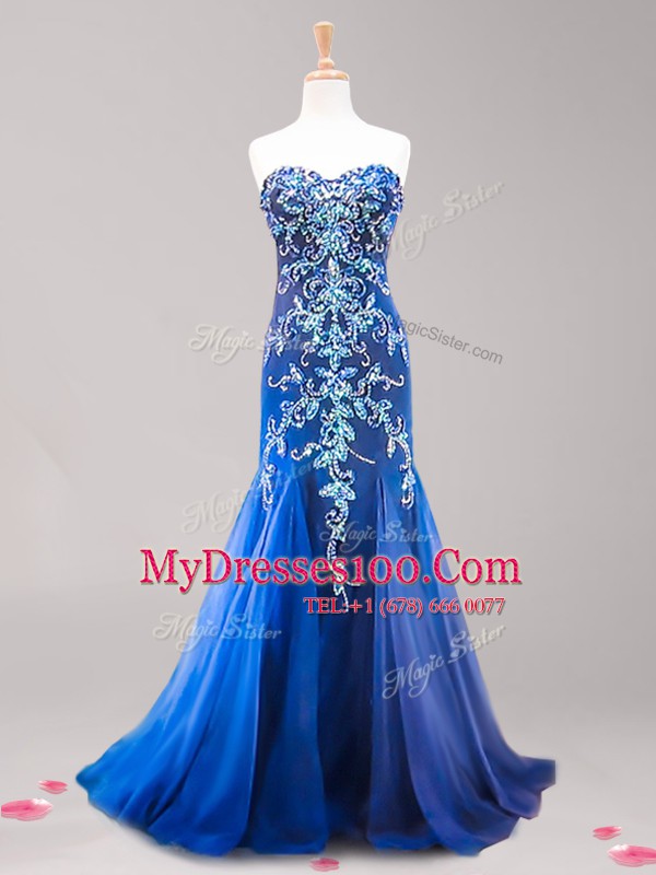Cute Mermaid Zipper Evening Dress Royal Blue for Prom with Beading and Appliques Brush Train