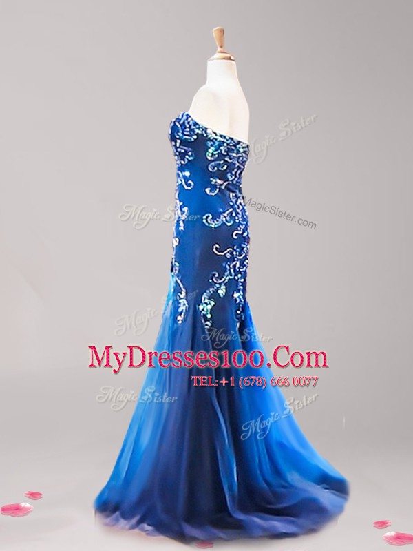 Cute Mermaid Zipper Evening Dress Royal Blue for Prom with Beading and Appliques Brush Train