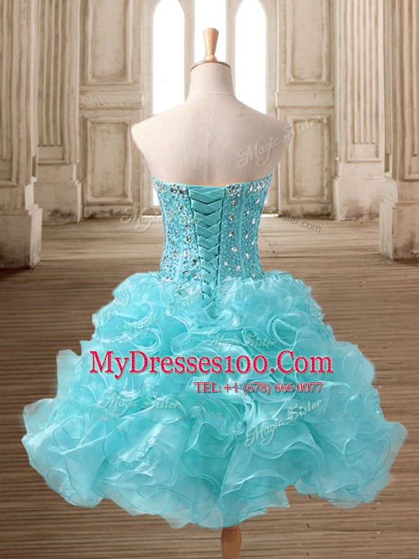 Aqua Blue Organza Lace Up Sweetheart Sleeveless Mini Length Party Dresses Beading and Ruffles