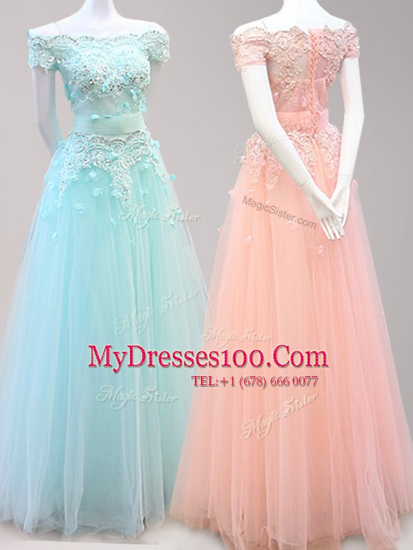 Pretty Off the Shoulder Light Blue and Peach Cap Sleeves Floor Length Beading and Appliques Zipper