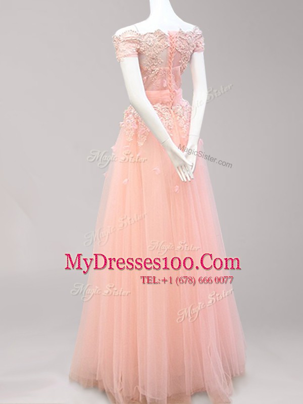 Pretty Off the Shoulder Light Blue and Peach Cap Sleeves Floor Length Beading and Appliques Zipper