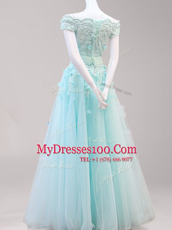 Pretty Off the Shoulder Light Blue and Peach Cap Sleeves Floor Length Beading and Appliques Zipper