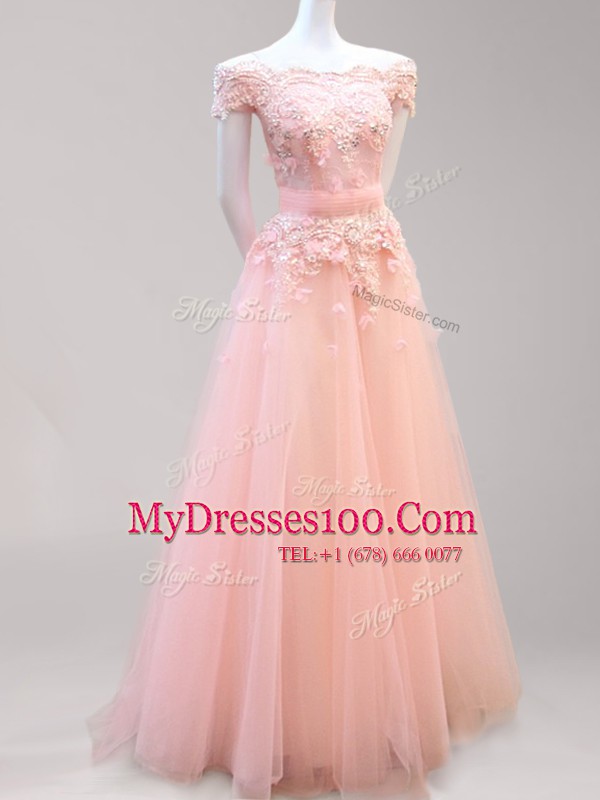 Pretty Off the Shoulder Light Blue and Peach Cap Sleeves Floor Length Beading and Appliques Zipper