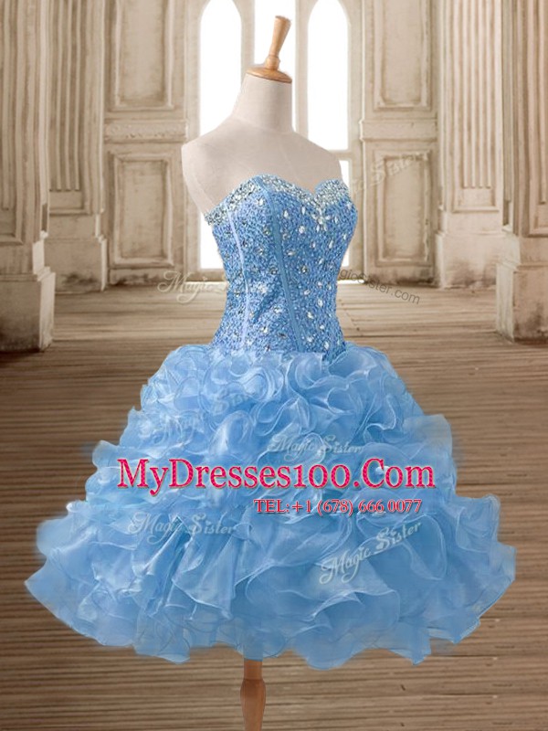 High Quality Blue Lace Up Sweetheart Beading and Ruffles Evening Dress Organza Sleeveless