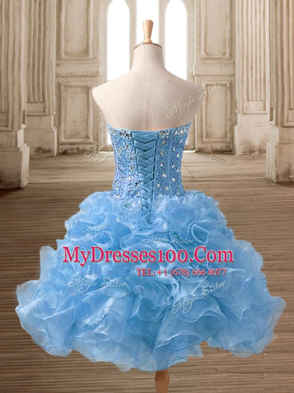 High Quality Blue Lace Up Sweetheart Beading and Ruffles Evening Dress Organza Sleeveless
