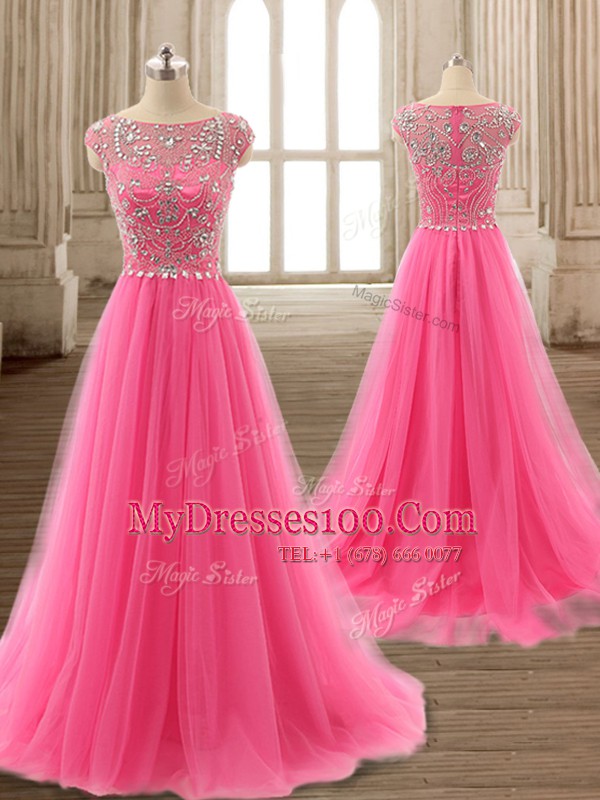Cute Scoop Rose Pink Cap Sleeves Brush Train Beading Prom Dresses