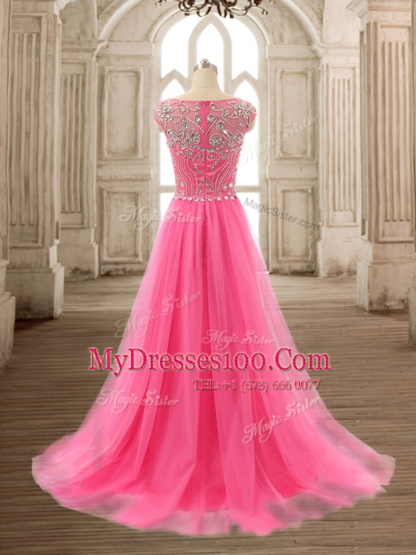 Cute Scoop Rose Pink Cap Sleeves Brush Train Beading Prom Dresses
