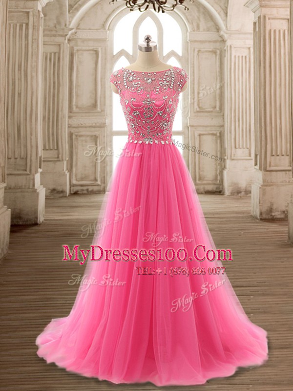 Cute Scoop Rose Pink Cap Sleeves Brush Train Beading Prom Dresses