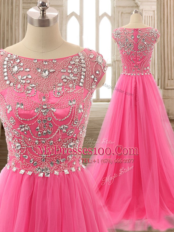 Cute Scoop Rose Pink Cap Sleeves Brush Train Beading Prom Dresses