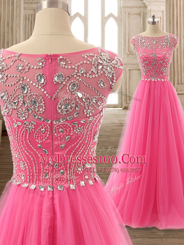 Cute Scoop Rose Pink Cap Sleeves Brush Train Beading Prom Dresses