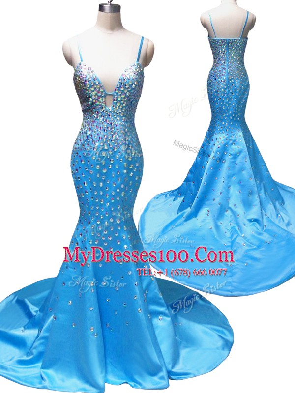 Discount Mermaid Baby Blue Satin Zipper Sleeveless With Train Court Train Beading
