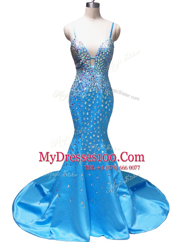 Discount Mermaid Baby Blue Satin Zipper Sleeveless With Train Court Train Beading