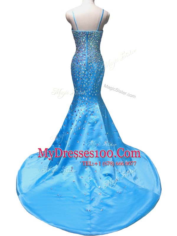 Discount Mermaid Baby Blue Satin Zipper Sleeveless With Train Court Train Beading